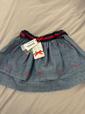 NWT Lapin House Blue Chambray Tiered Skirt with Red Embroidery